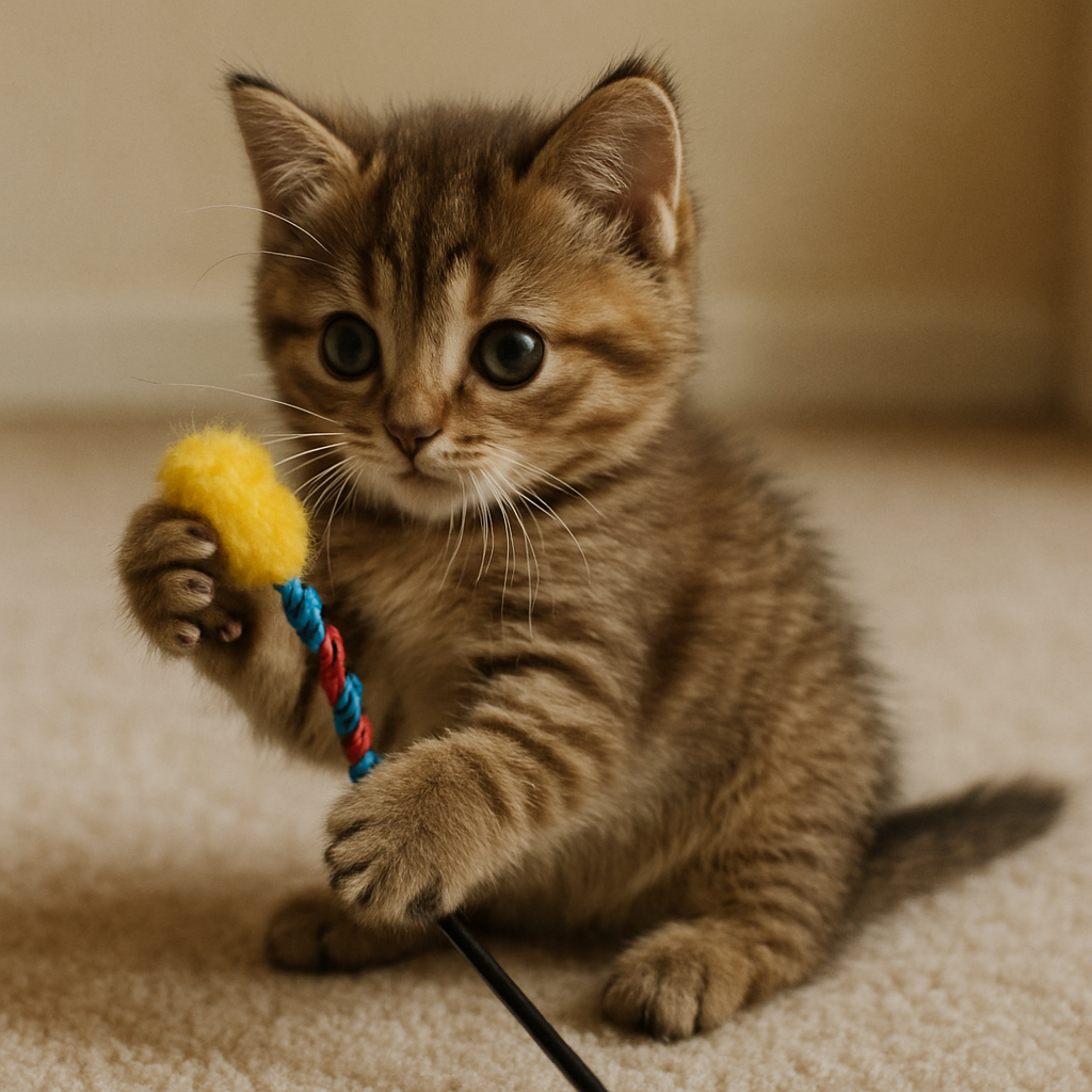 Brown kitten playing with a toy