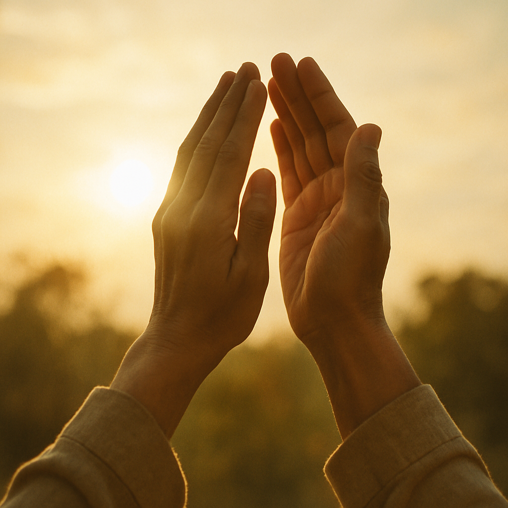 Hands raised in prayer with sunlight