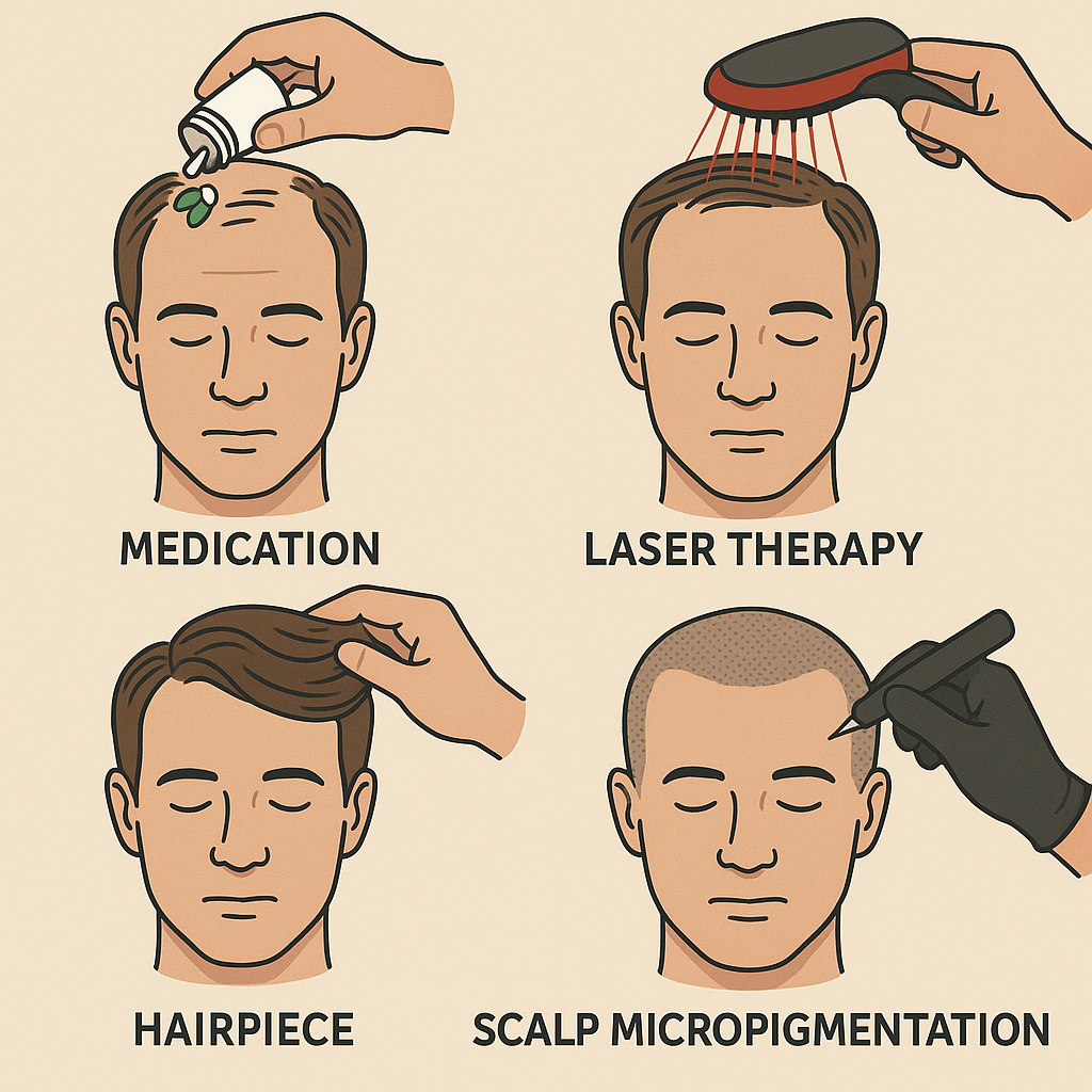 Image of various non-surgical hair restoration techniques