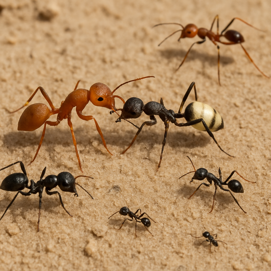 A diverse range of desert ants on sandy ground, showcasing different species and their interactions
