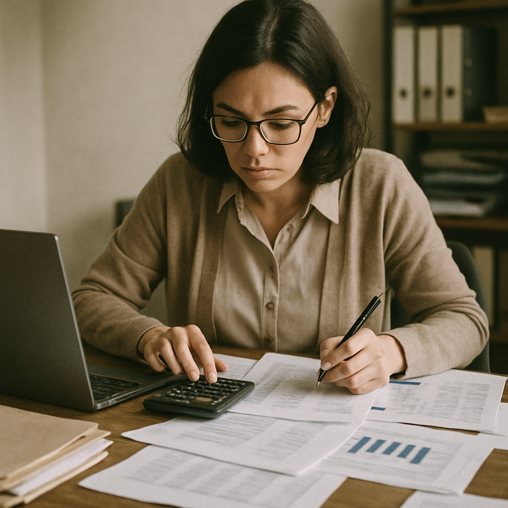 A bookkeeper working diligently at a desk, surrounded by financial documents and a laptop