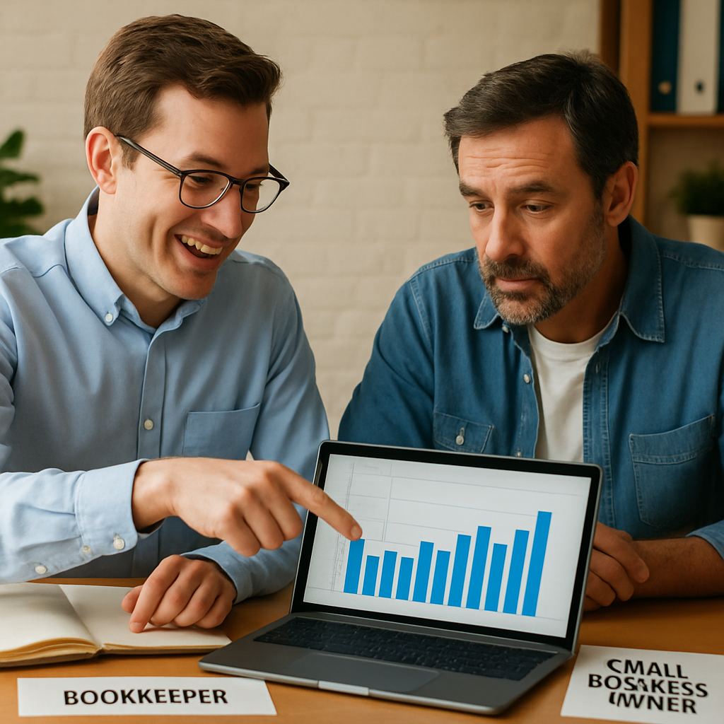 A bookkeeper advising a small business owner, pointing to a chart on a laptop