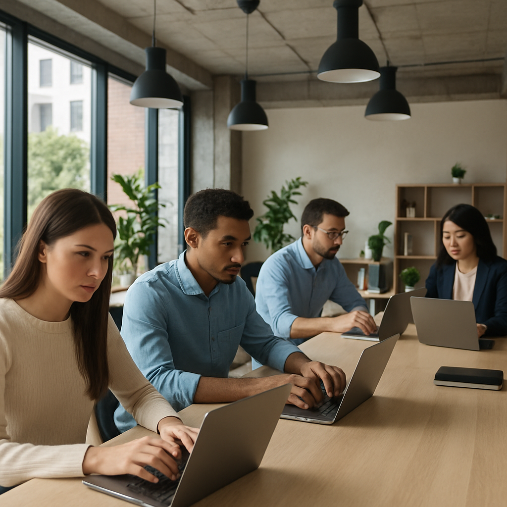 People working on laptops in a modern office space