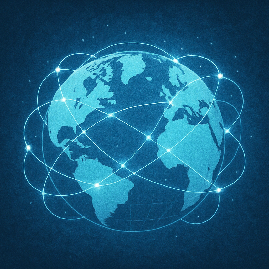 A globe with digital connections representing global knowledge sharing