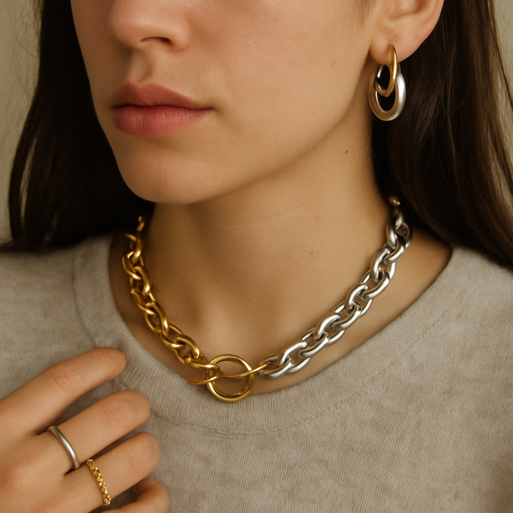 Person wearing mixed metal jewelry