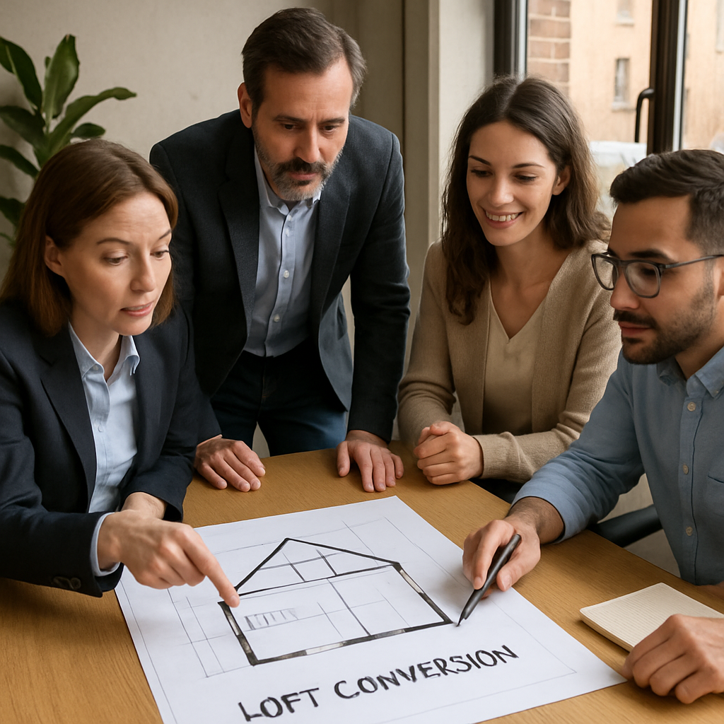 Professional team discussing loft conversion plans with a client