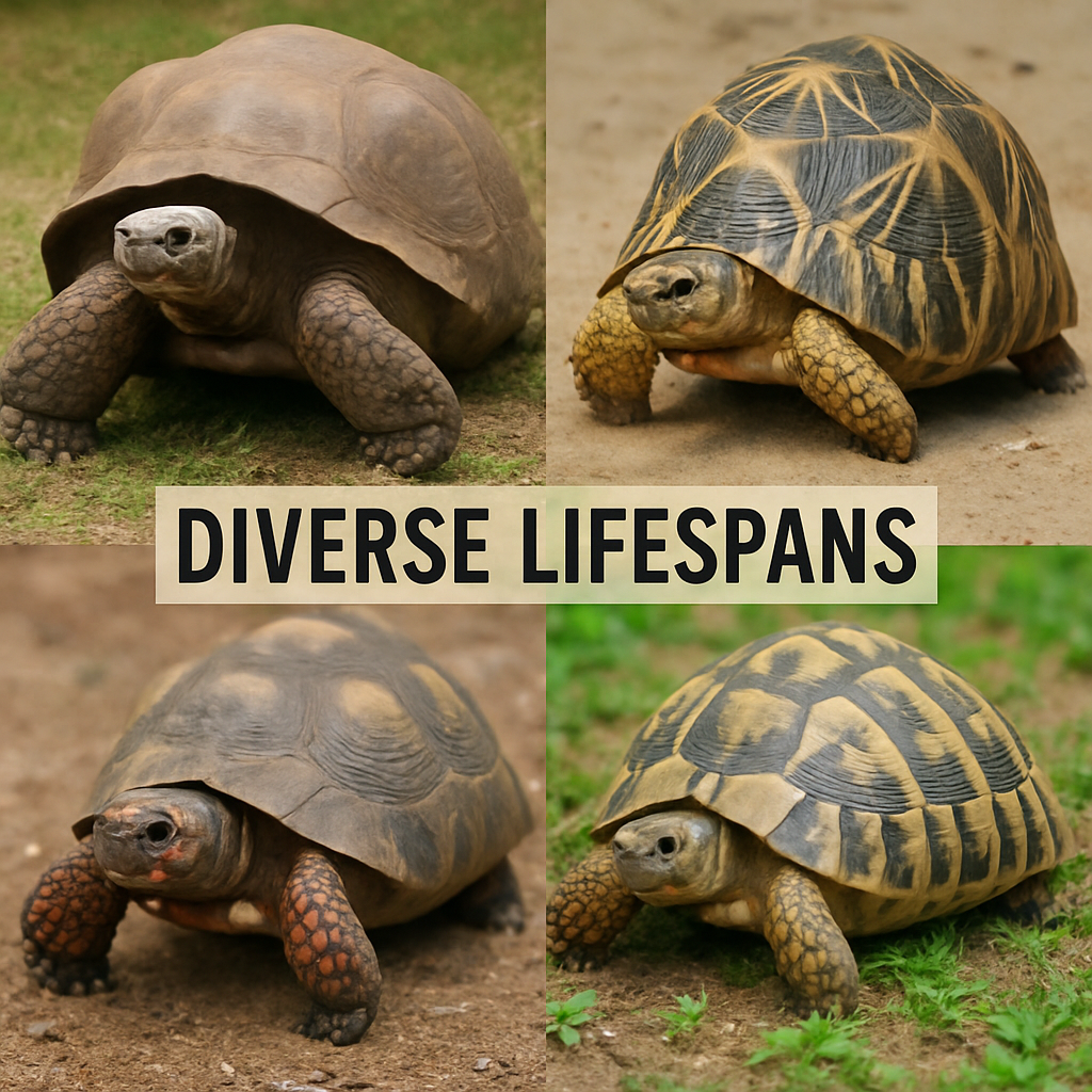 A collage of tortoise species, illustrating diverse lifespans