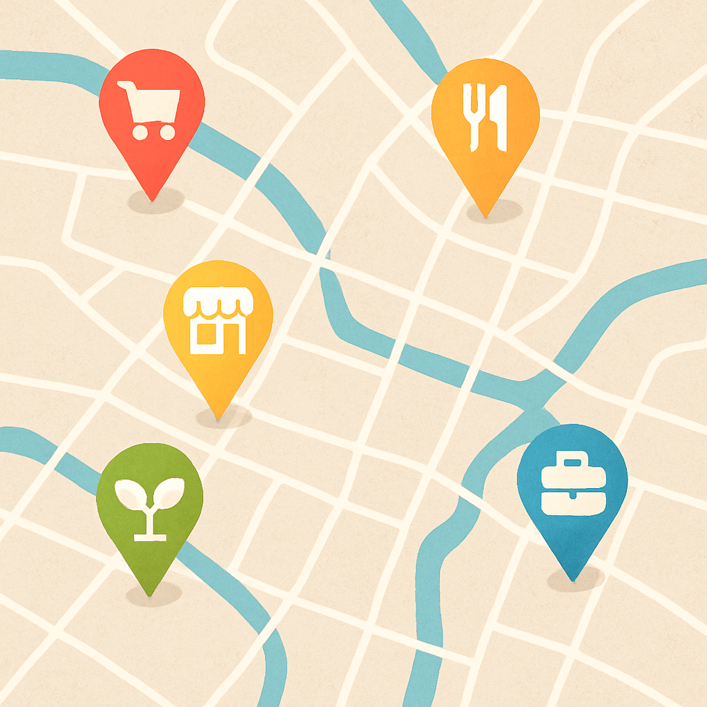 A map with location pins representing different businesses