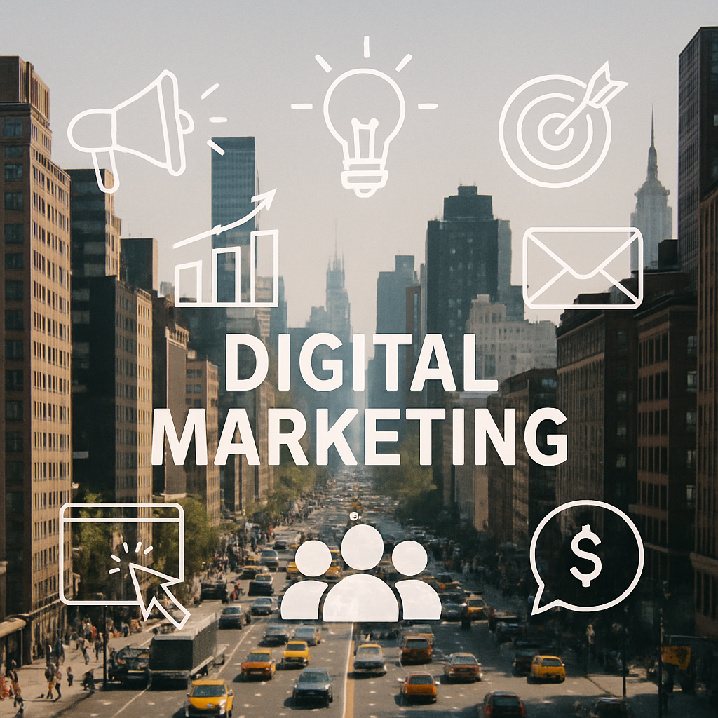 A bustling cityscape with digital marketing icons overlayed