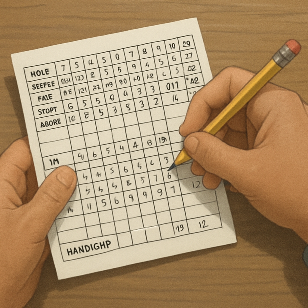 A golfer calculating their handicap with a scorecard and pencil