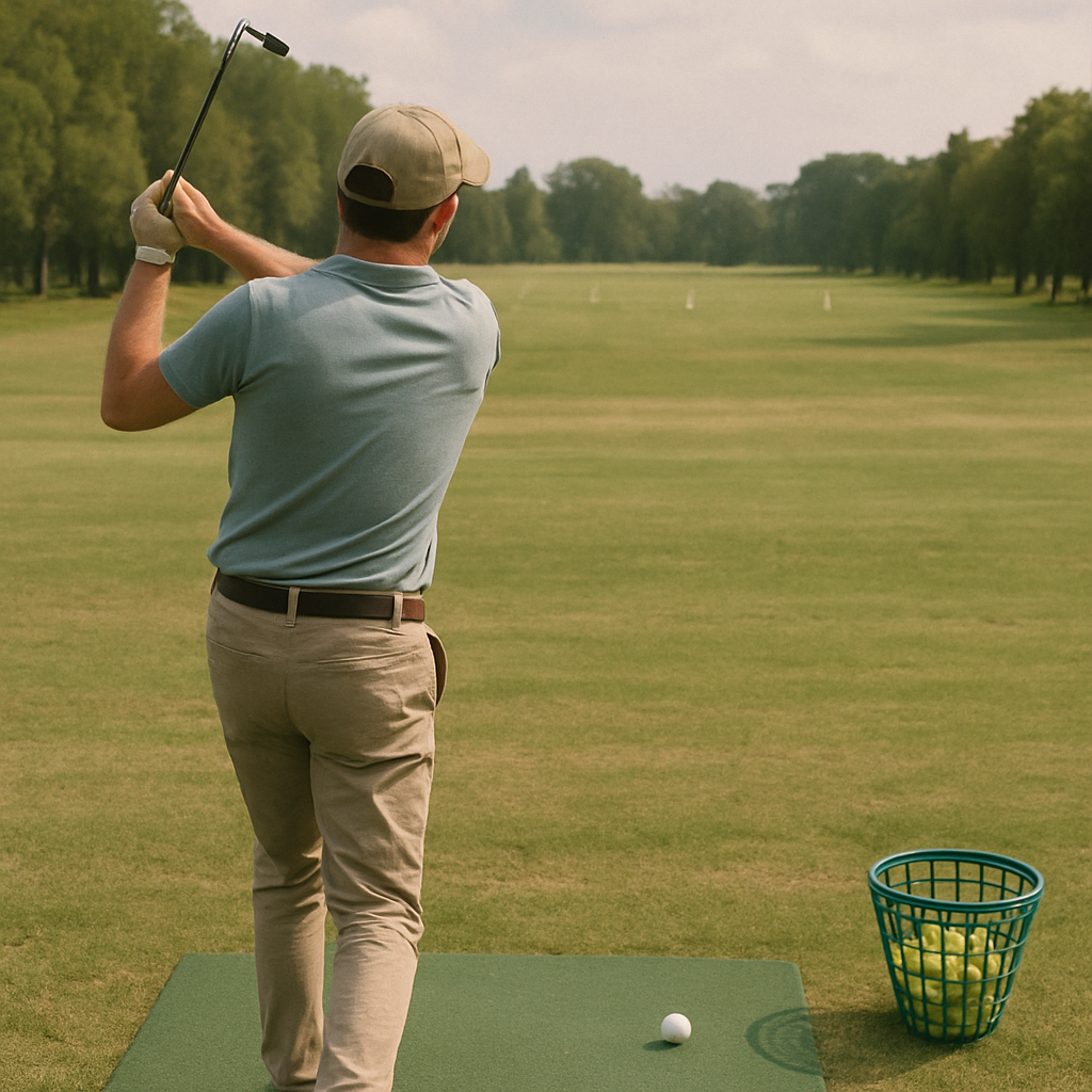 Beginner golfer practicing on the driving range