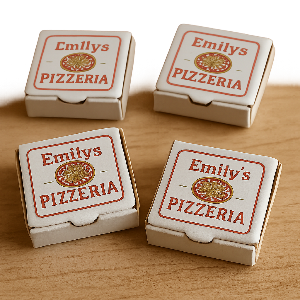 Miniature pizza boxes with customized labels