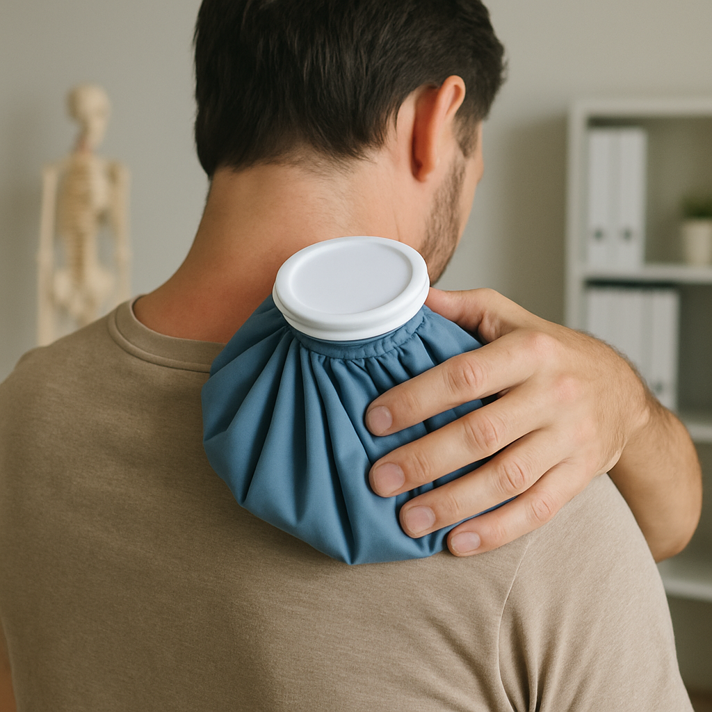 A person applying an ice pack to their back after a chiropractic adjustment