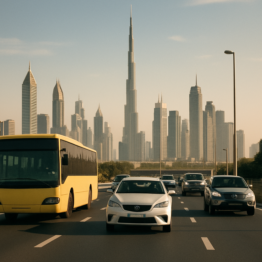 Dubai skyline with vehicles