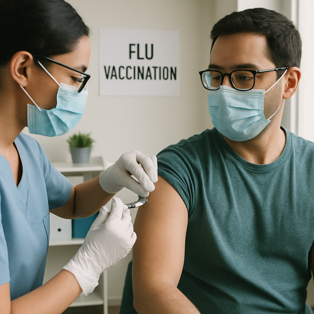 A person receiving a flu vaccination in a clinic setting