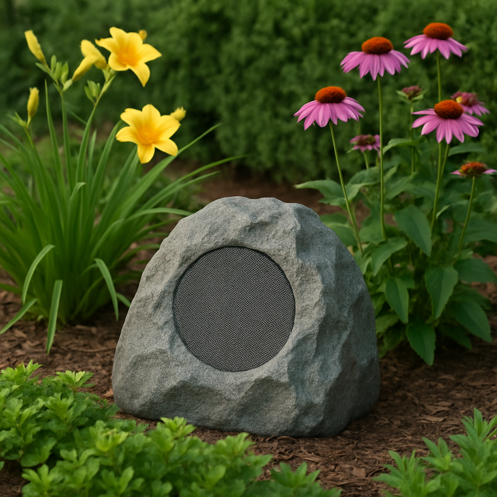 Outdoor rock speakers blending with garden