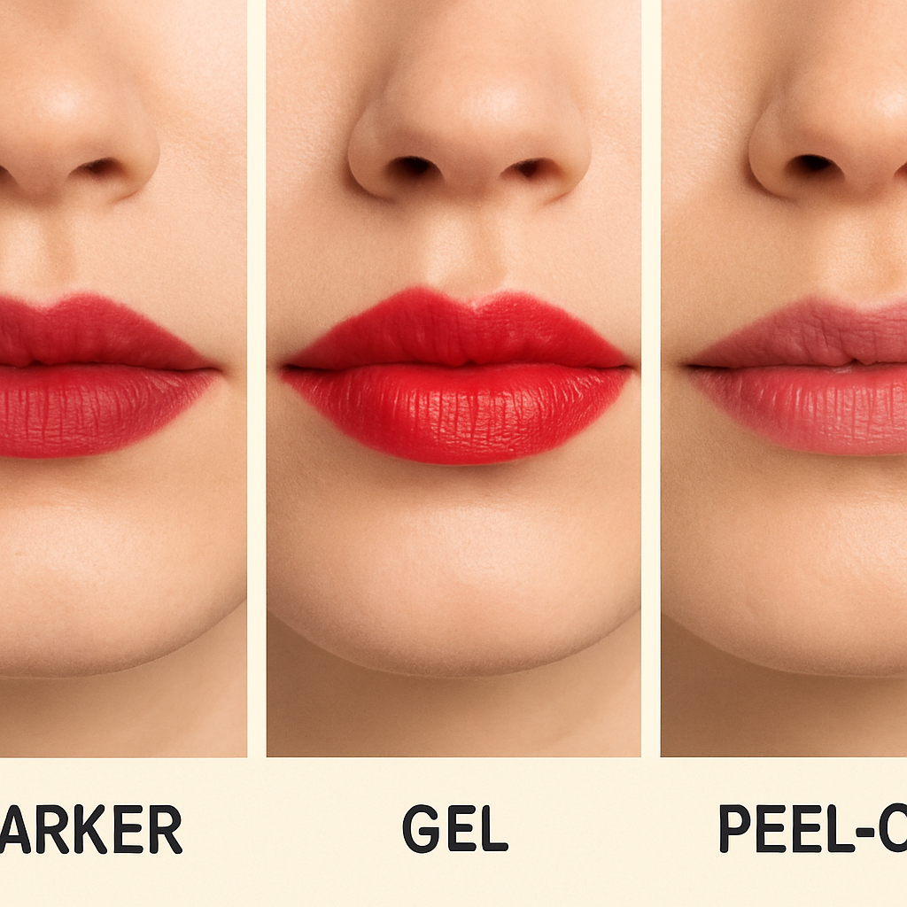 Different types of lip stains: marker, gel, and peel-off
