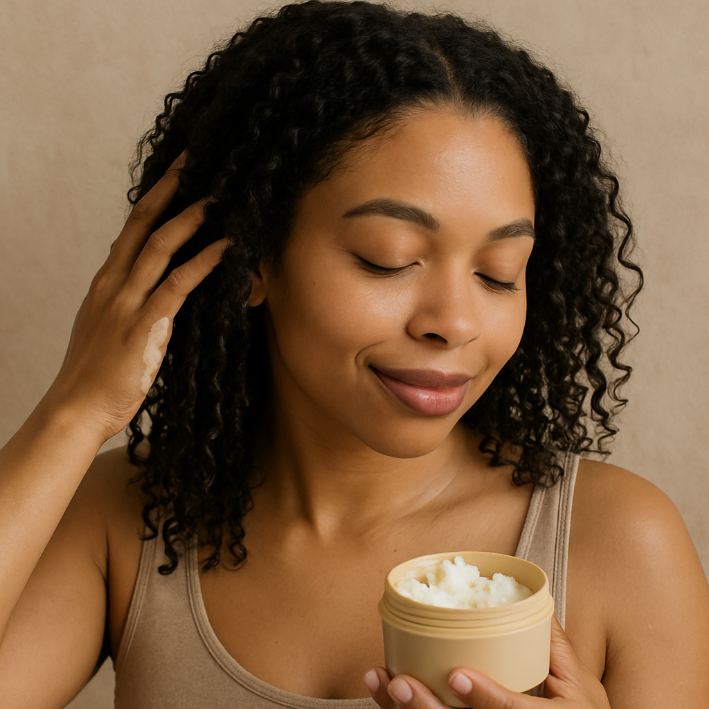 woman applying shea butter to hair