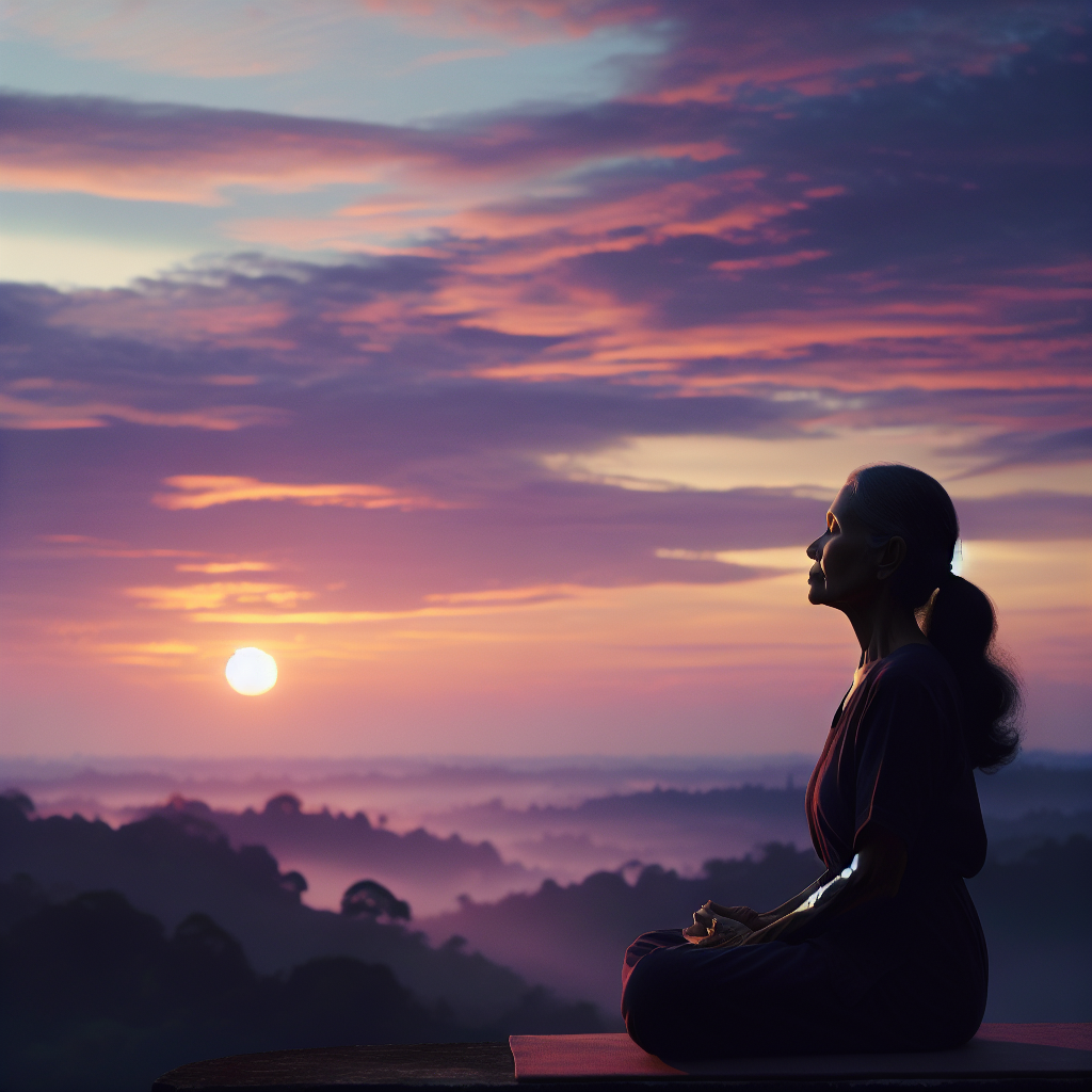 A woman is sitting in a lotus pose outside, meditating. The sky is purple. The Sun is setting.