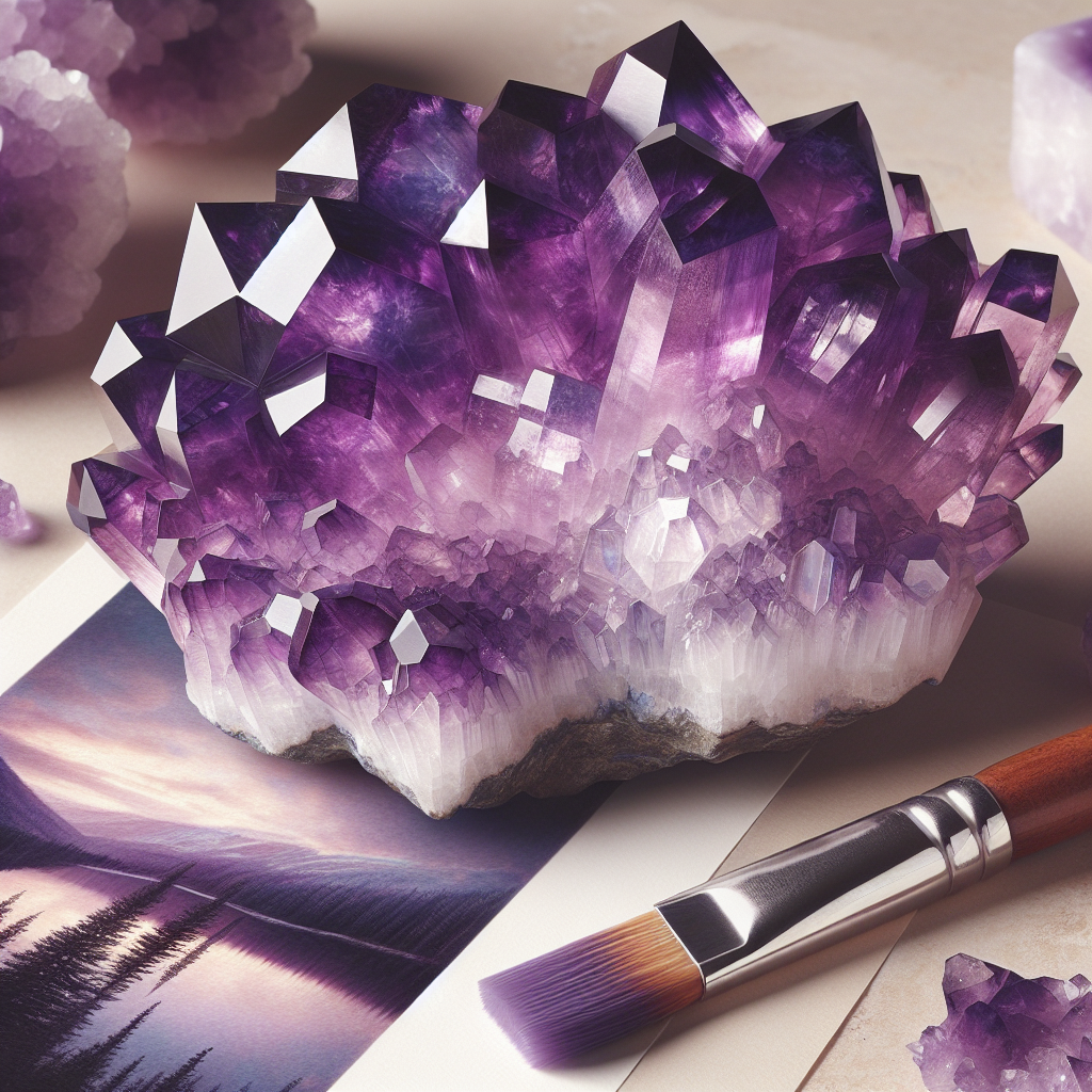 Deep purple amethyst crystal on a beige table. Purple picture underneath, artistic paintbrush to the right, with the tip in the colour purple.