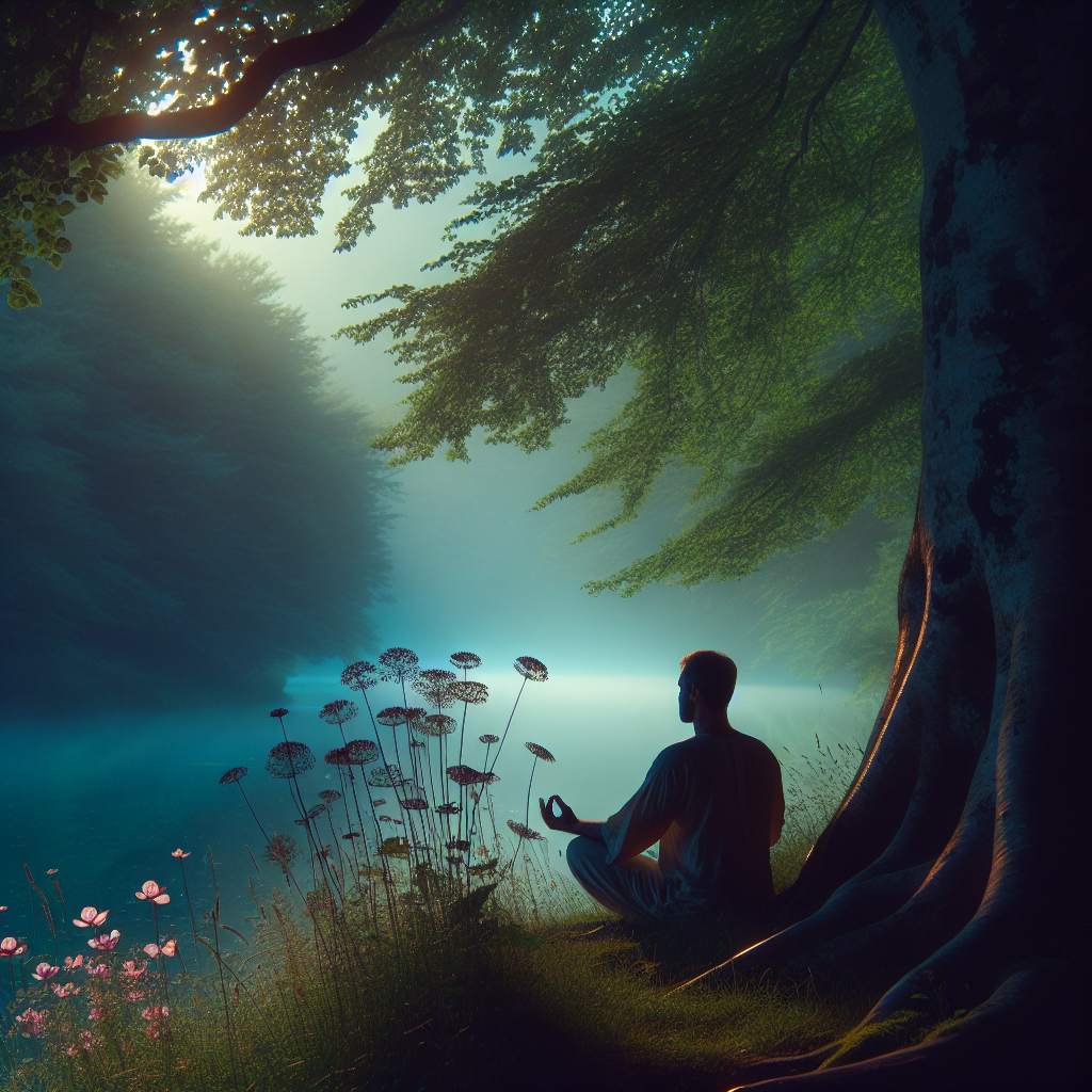 A man meditating under a big tree outside by the lake. A vivid blue coloured lake to the left of him.