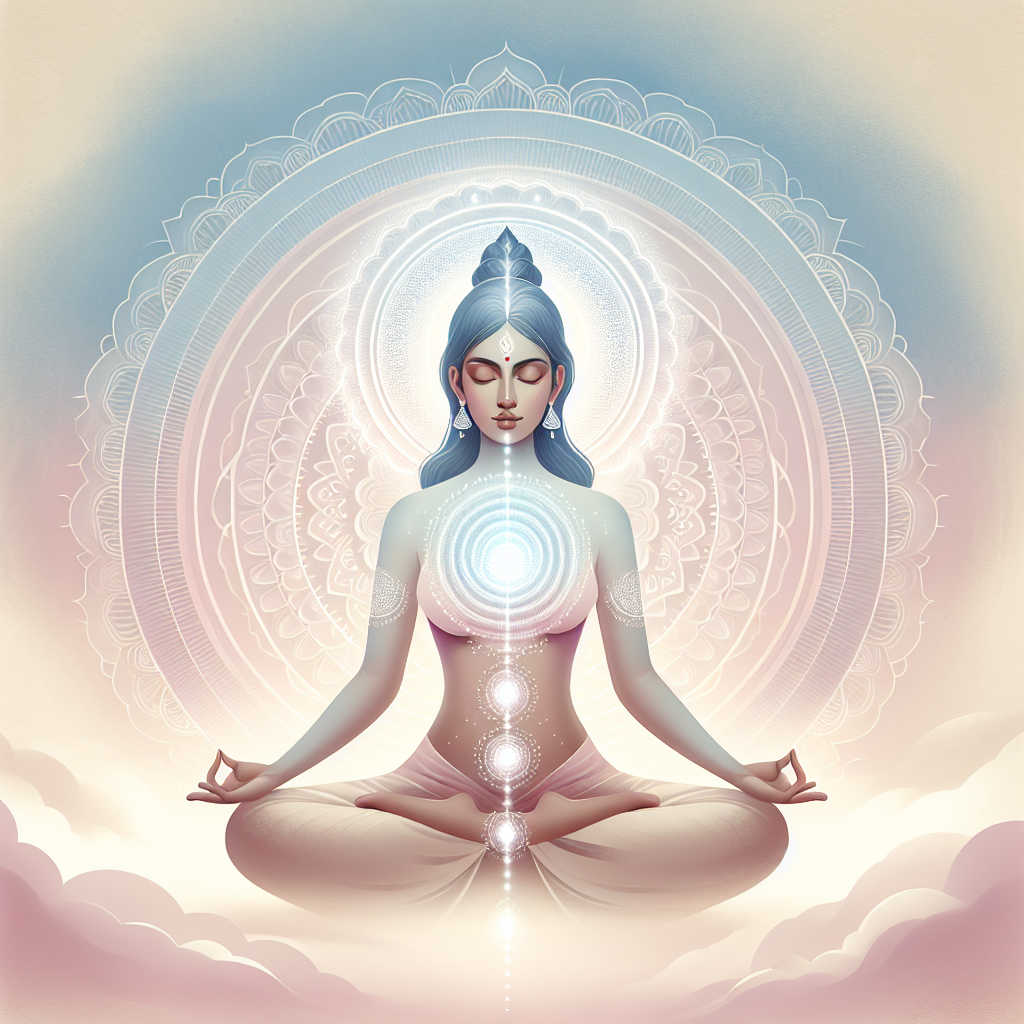 An illustration of a deity sitting in a lotus pose with her palms facing up, her index and thumbs together. Her eyes are closed. Soft Pink, blue background. She is wearing soft pink. Her Chakras are being activated.