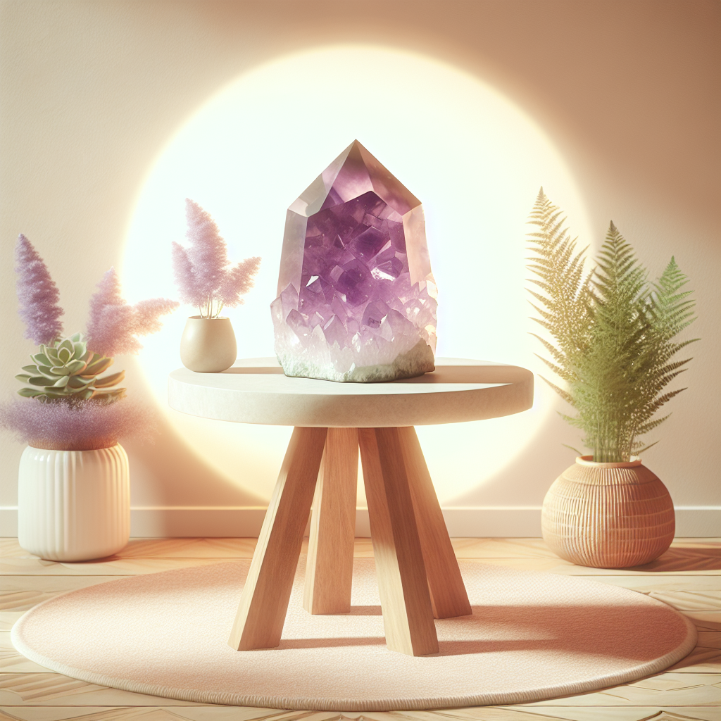 Amethyst stone on a wooden table in the middle of the room, brown background.