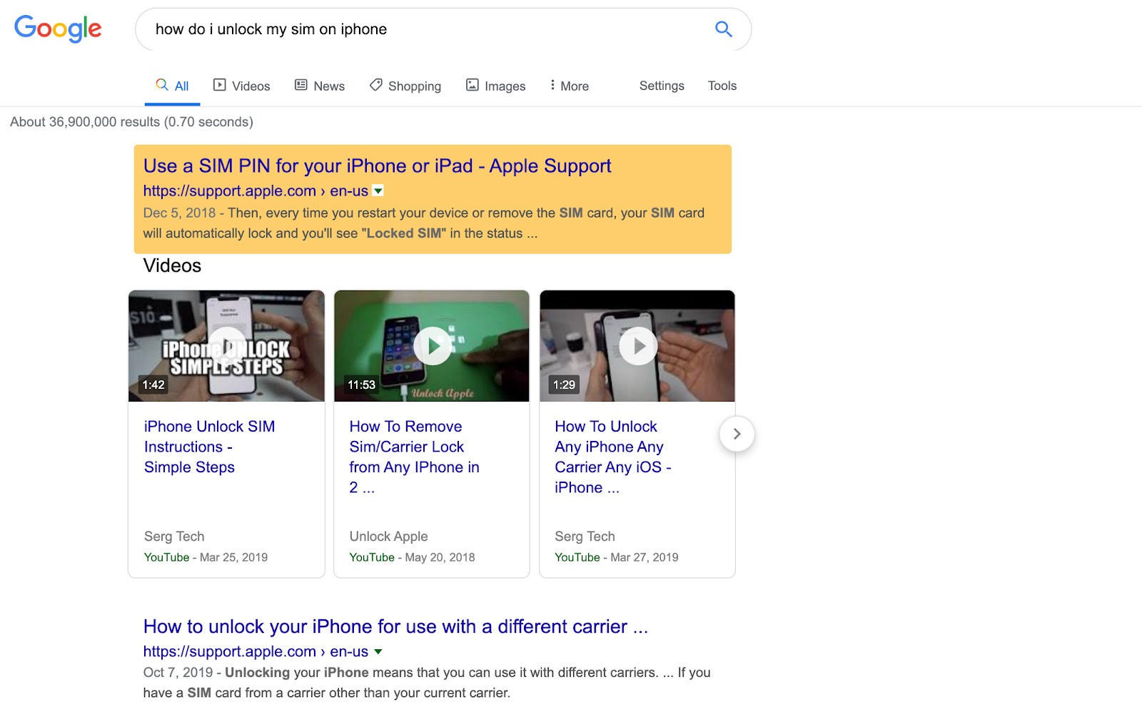 Google Search results for the query "how do i unlock my sim on iphone". Nothing is highlighted on this screenshot as proof that the search query doesn't count as a branded keyword.