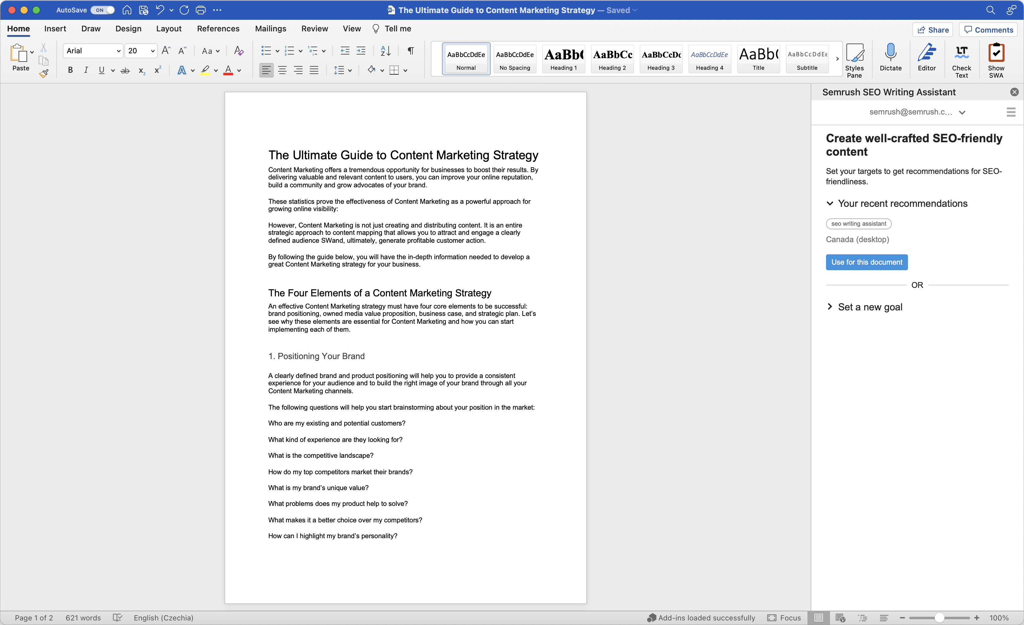 Un exemple du SEO Writing Assistant dans MS Word.