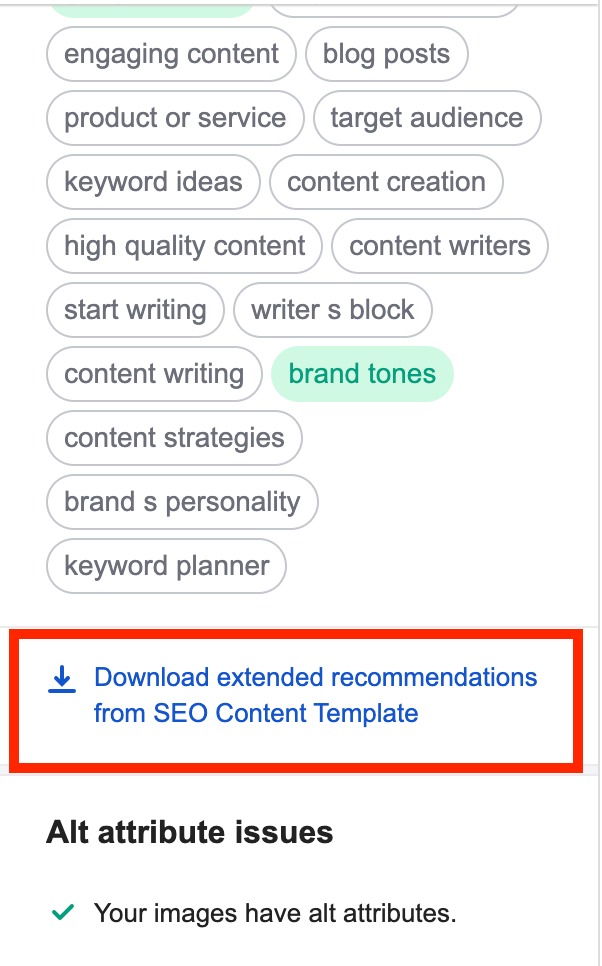 Highlighting the button for downloading extra recommendations from SEO Content Template in a Word doc format. 