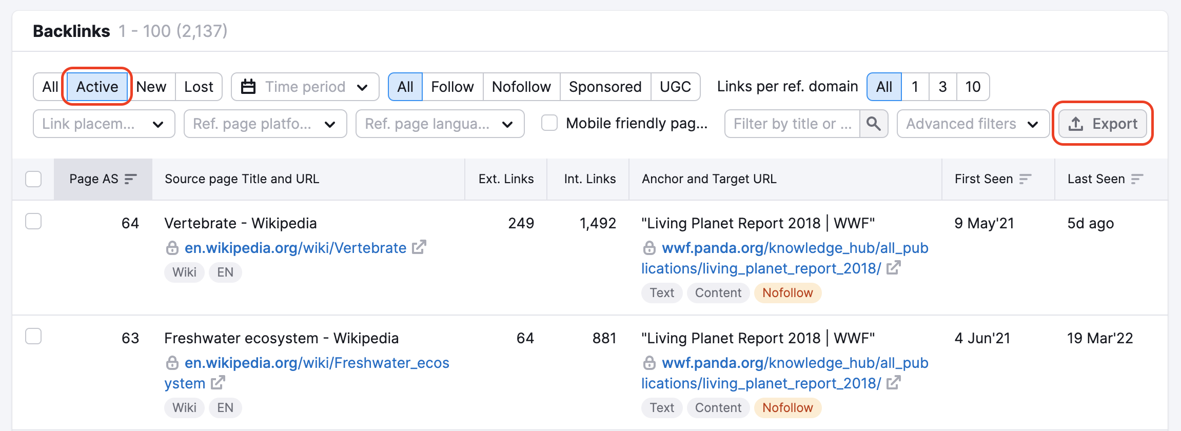 Backlink Analytics active links filter