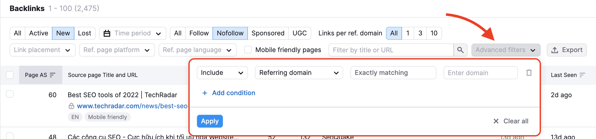 Backlink Analytics advanced filters