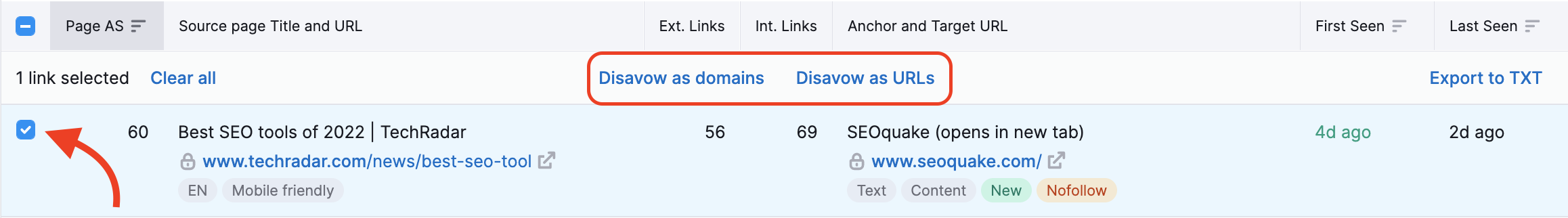 Backlink Analytics disavow