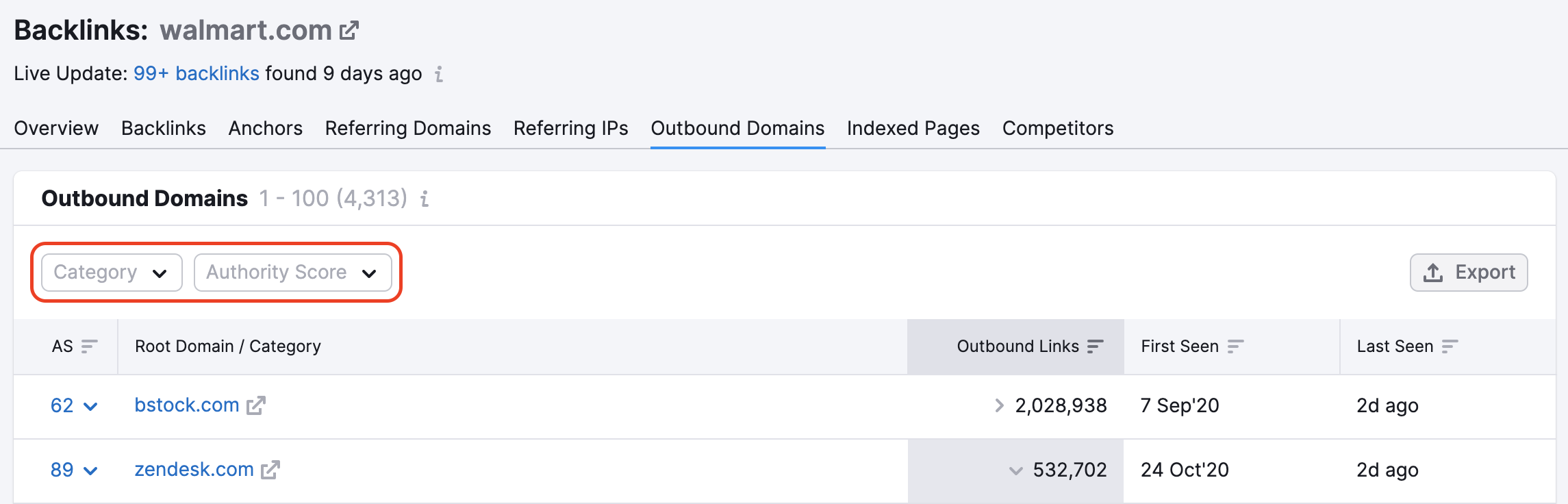 Backlink Analytics outbound domains filter