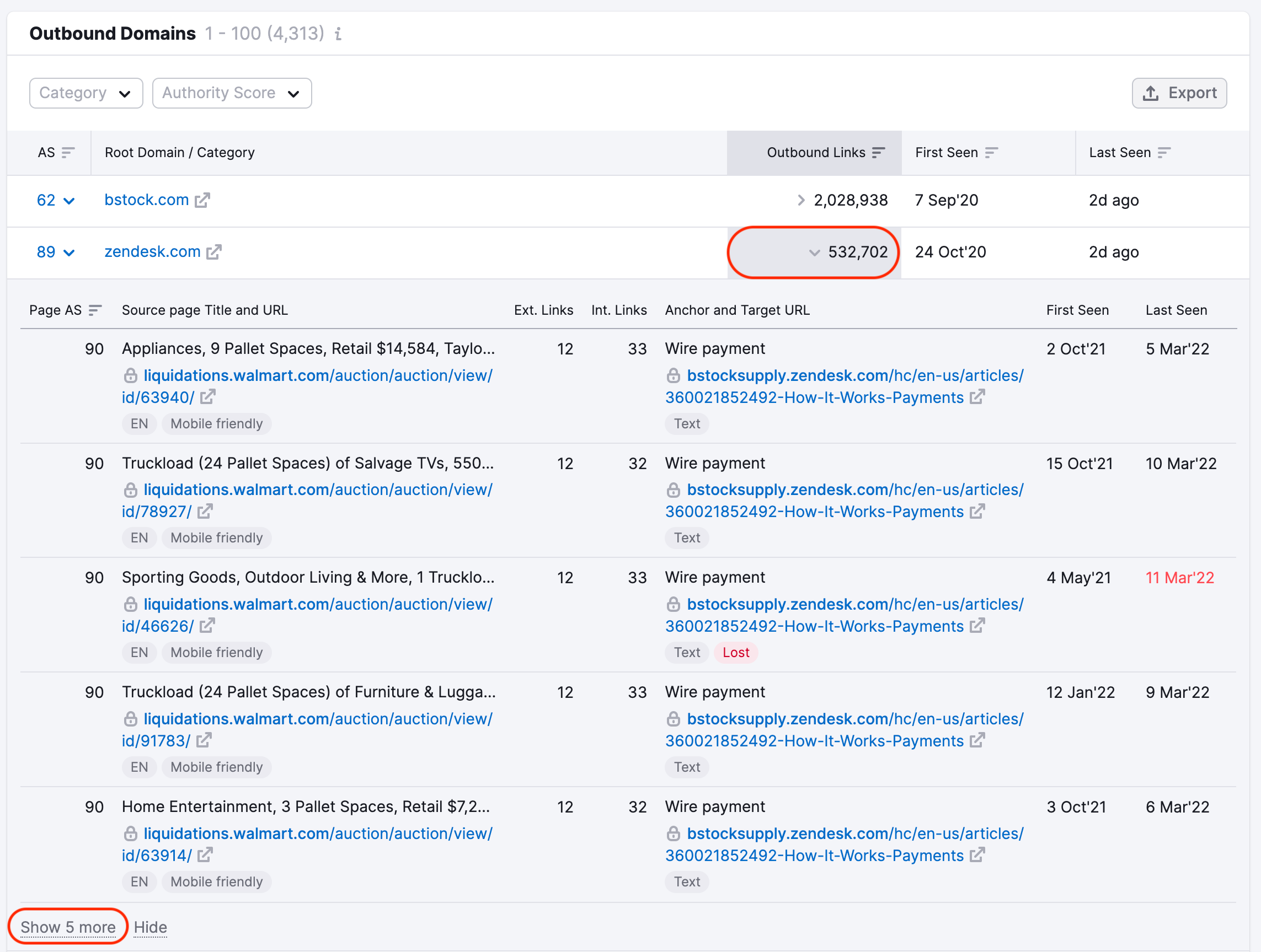 Backlink Analytics outbound domains table