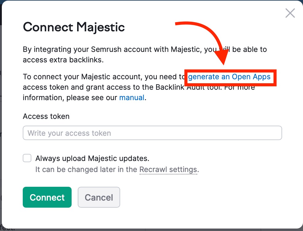 Como conectar o Majestic ao interface da Semrush image 2