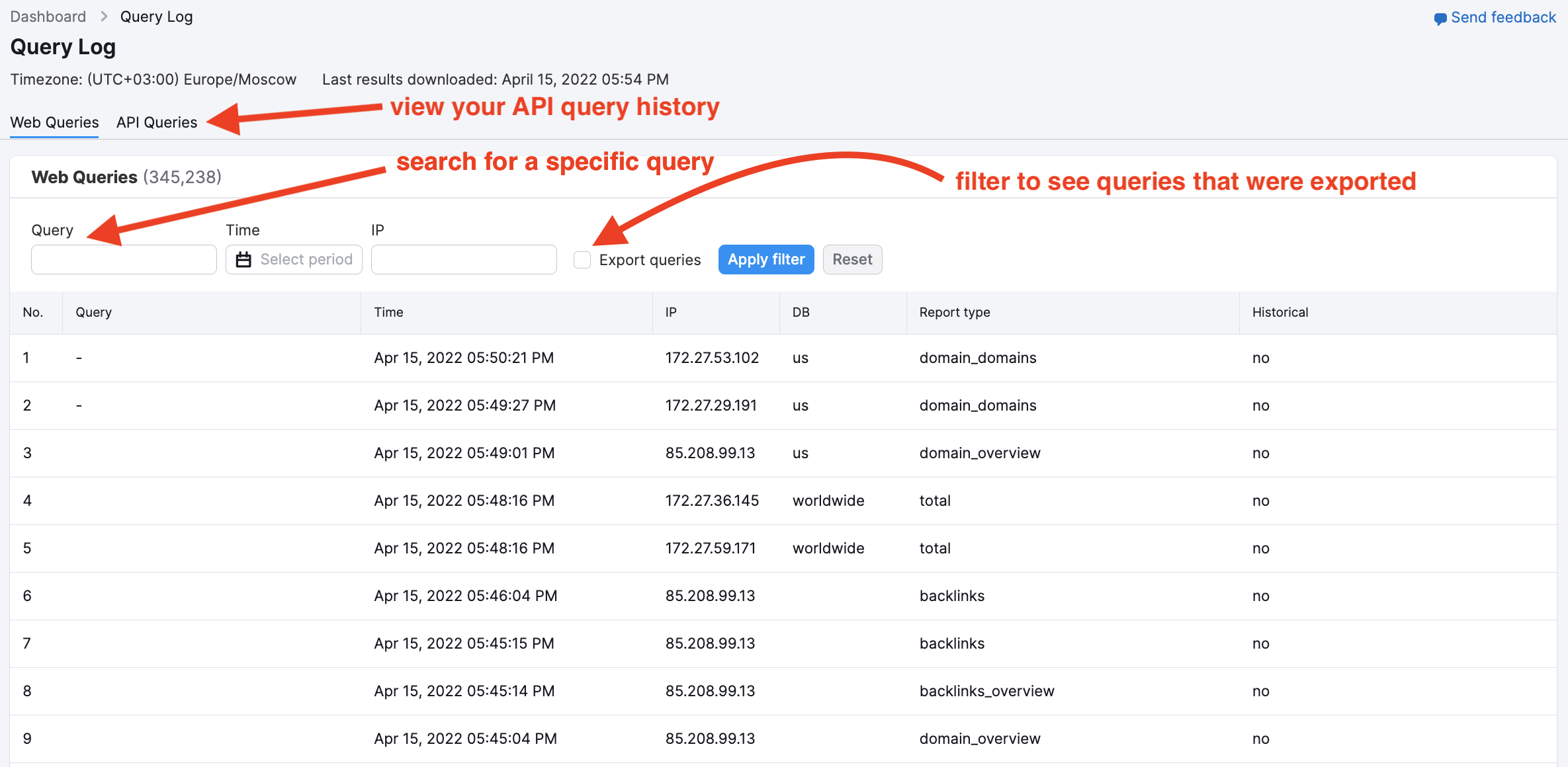Query log report interface with the Web Queries tab open