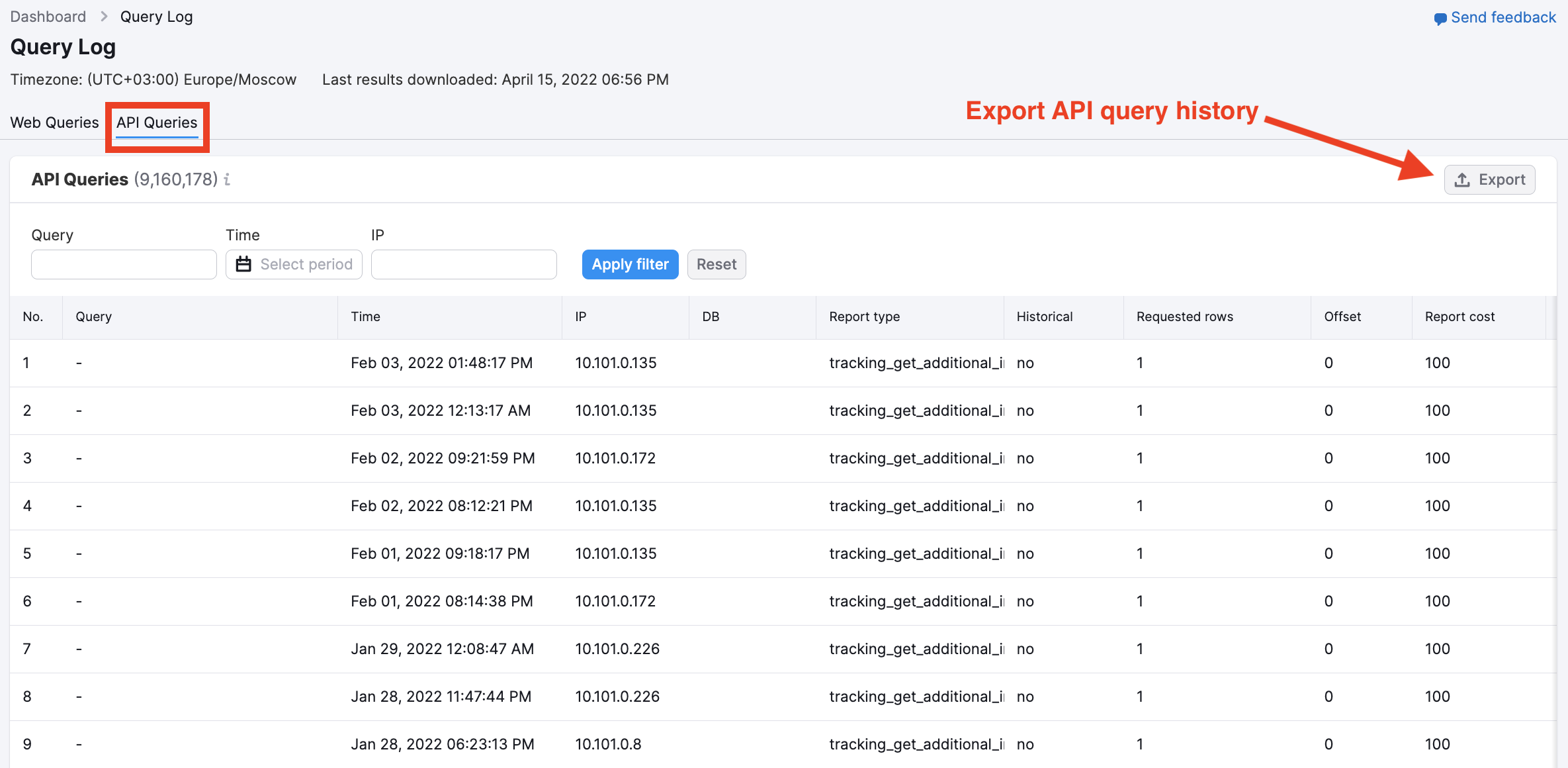 Query log report interface with the API Queries tab open
