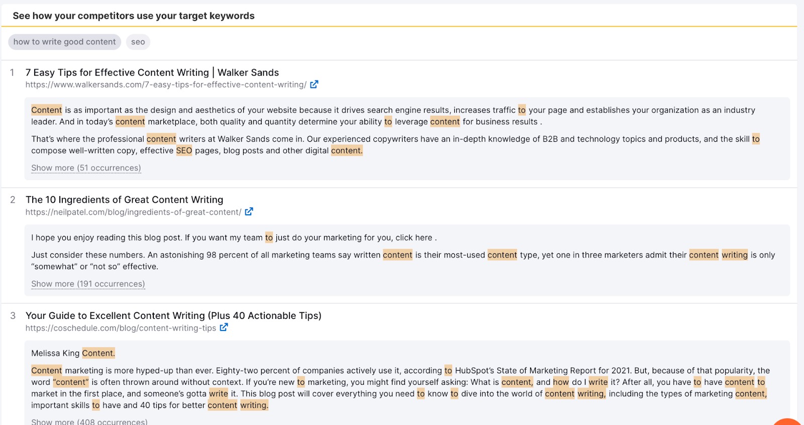 SEO Content Template Tool. Zeigt eine Liste mit den konkurrierenden Artikeln in den Top 10 von Google für jedes Ziel-Keyword an. 