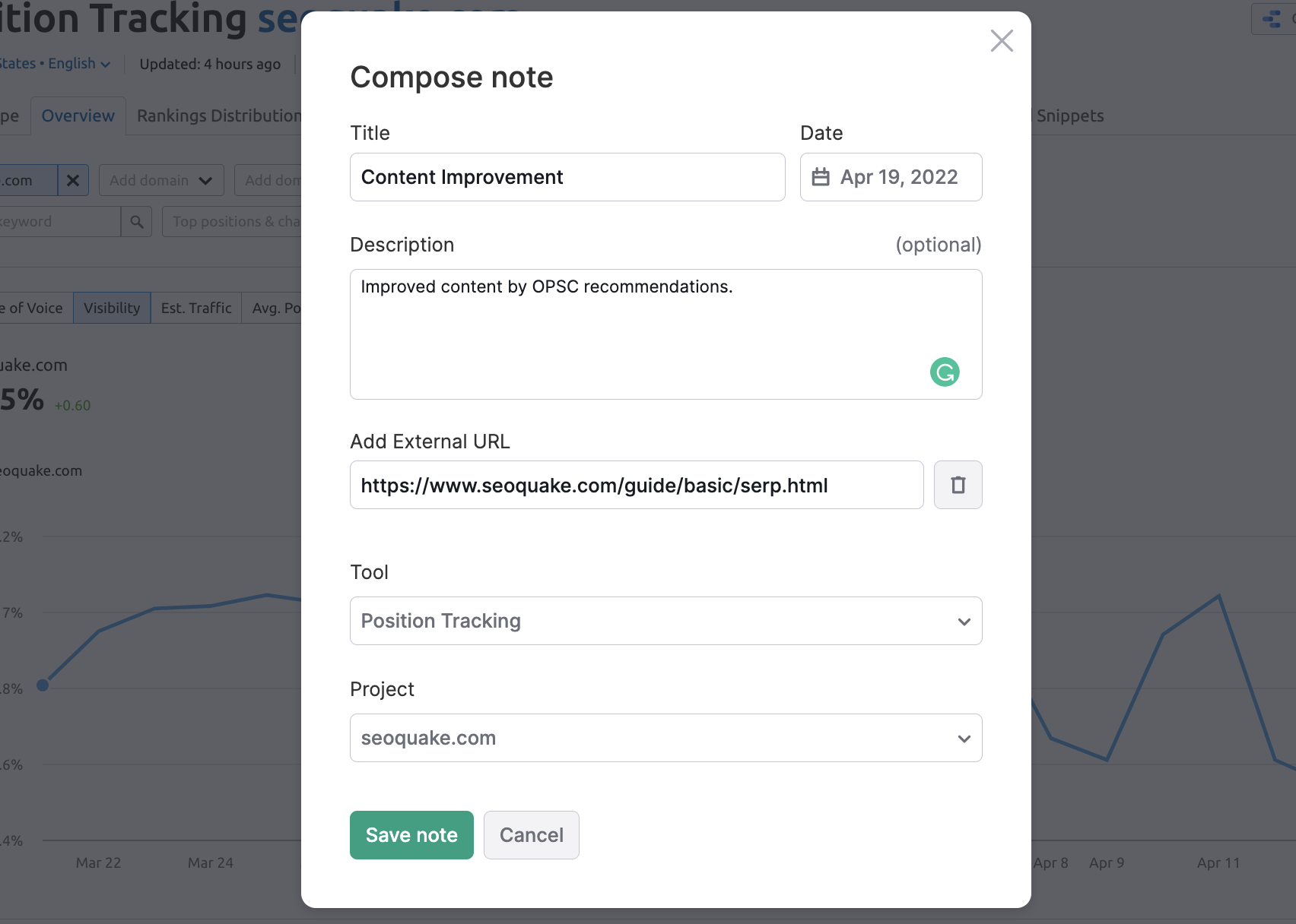 Position tracking compose note menu. Text boxes for title, date, description, add external URL, tool, project. 