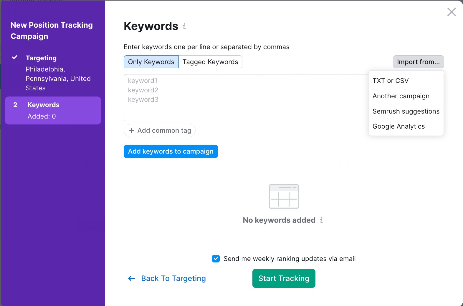 Das Konfigurationsfenster von Position Tracking, Abschnitt „Keywords“, zeigt eine Dropdown-Liste, die erscheint, nachdem Sie oben rechts auf die Schaltfläche „Importieren aus“ geklickt haben.