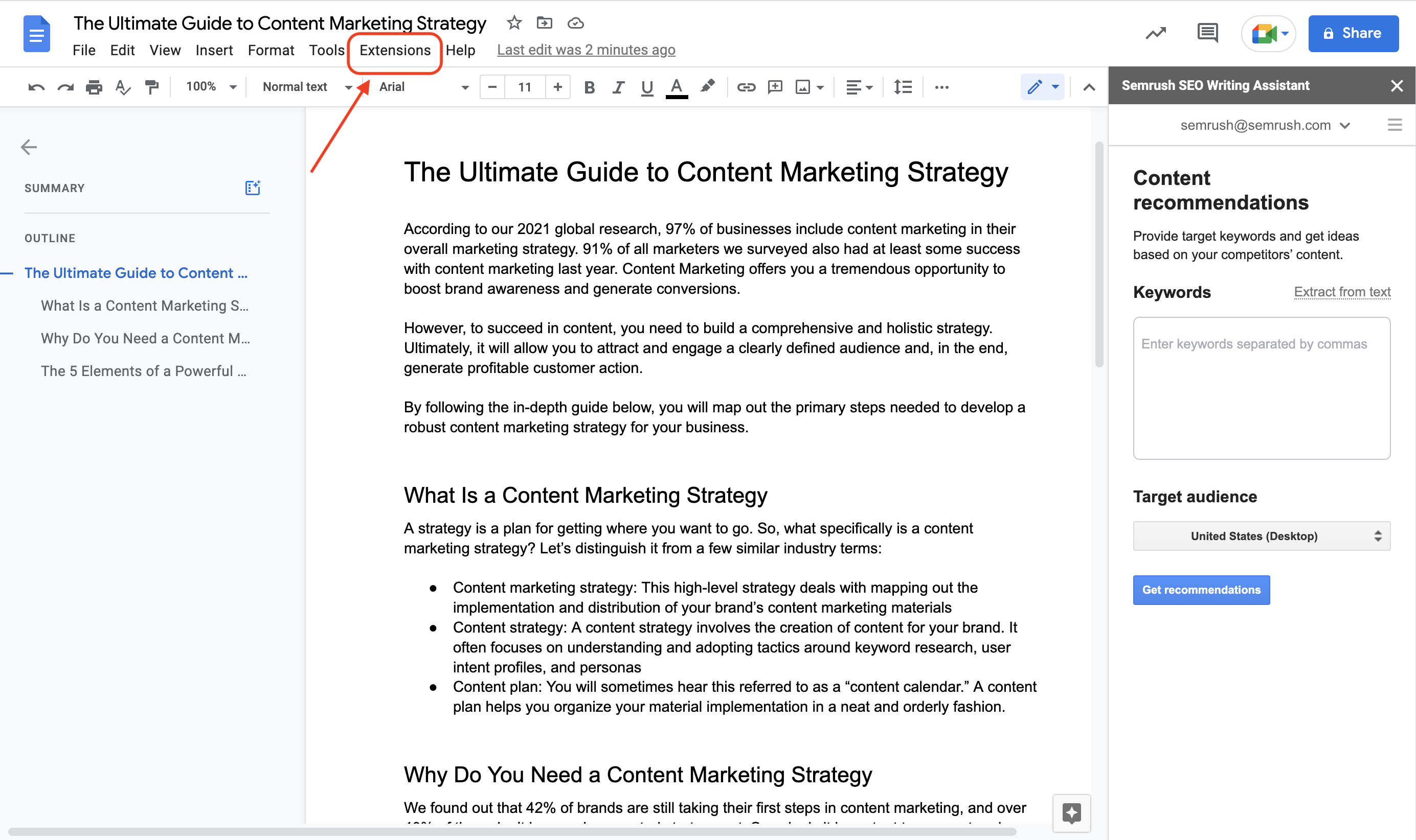 An example of a Google Doc with the Extensions button highlighted with a red rectangle in the menu at the top of the document.