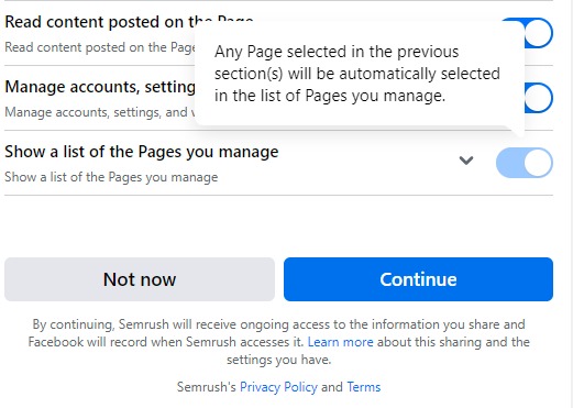 Facebook settings menu with toggles to activate the setting.