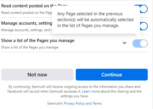 Menu de configurações do Facebook com opções para ativar a configuração.