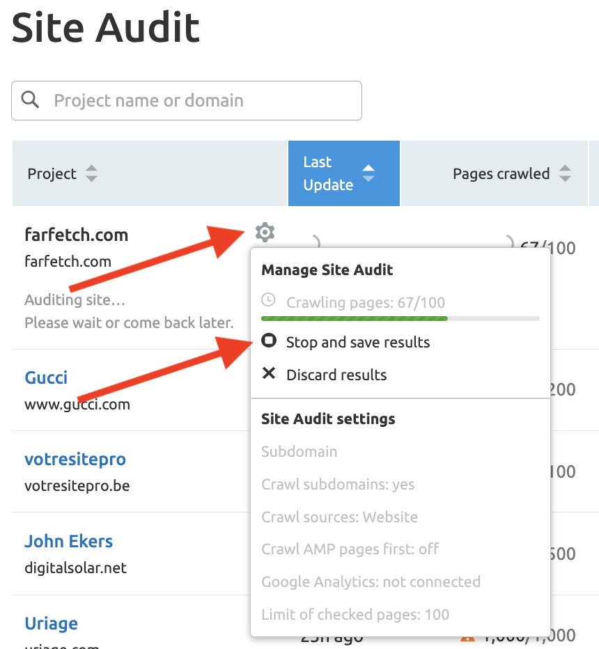 Managing Site Audit from the list of your campaigns