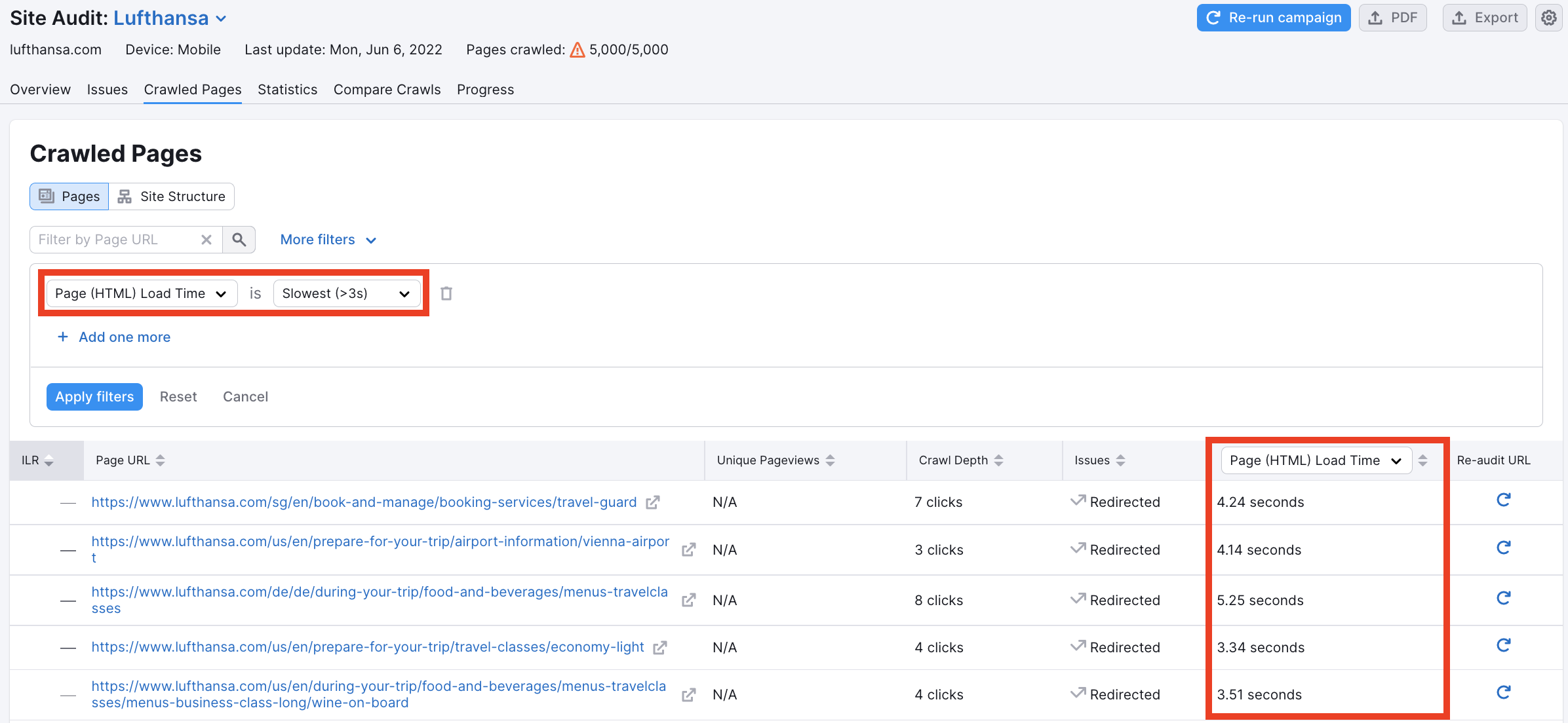 An example of the Crawled Pages report with red rectangles highlighting the Page Load Time filter at the top of the report and the Page Load Time column in the table on the right.  