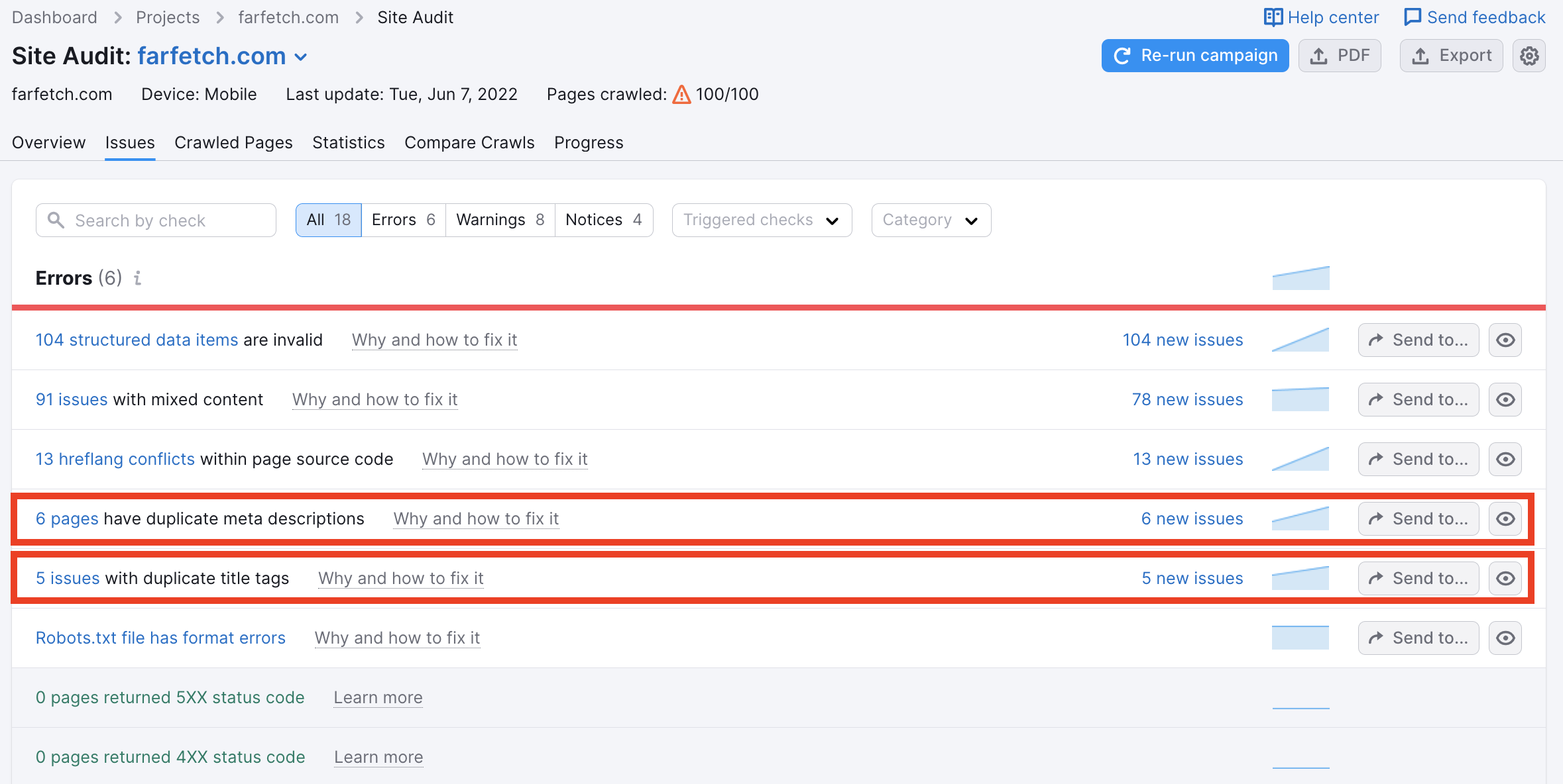 La scheda Problemi di Site Audit. Vengono evidenziati gli errori relativi a titoli duplicati e meta descrizioni. 