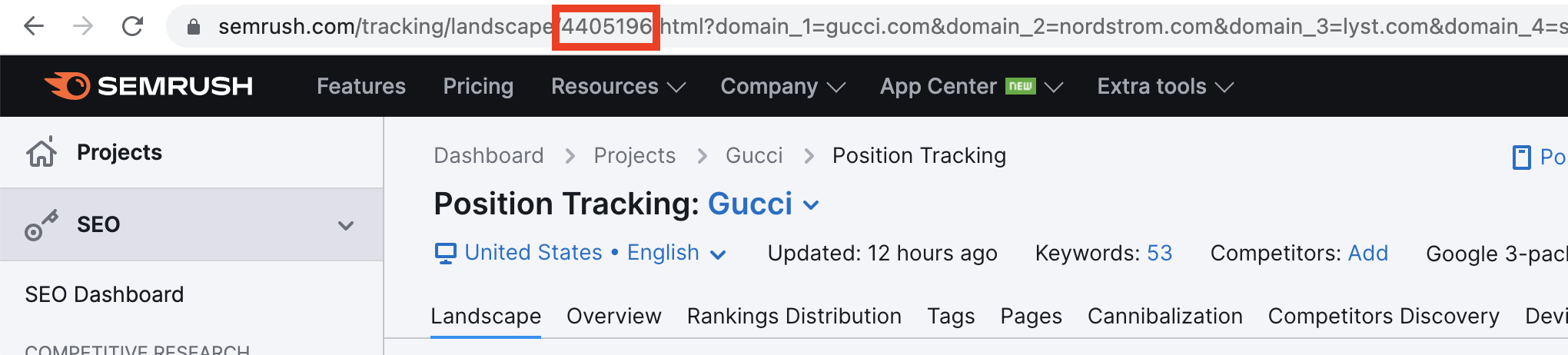 The top of the Position Tracking tool inside the Semrush platform. A red rectangle highlights the campaign ID (4405196) in the URL of the page.  