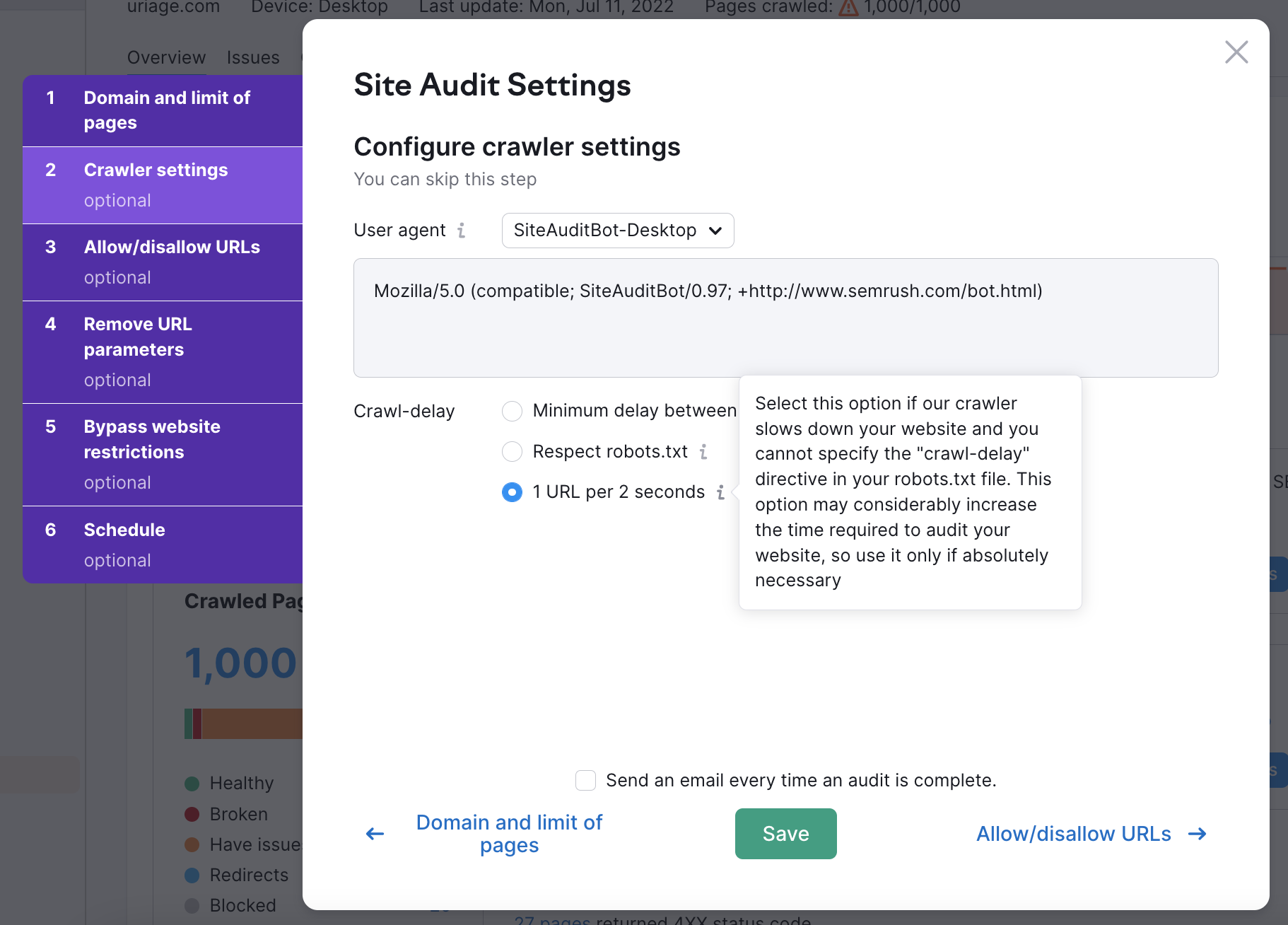 Site Audit crawler settings