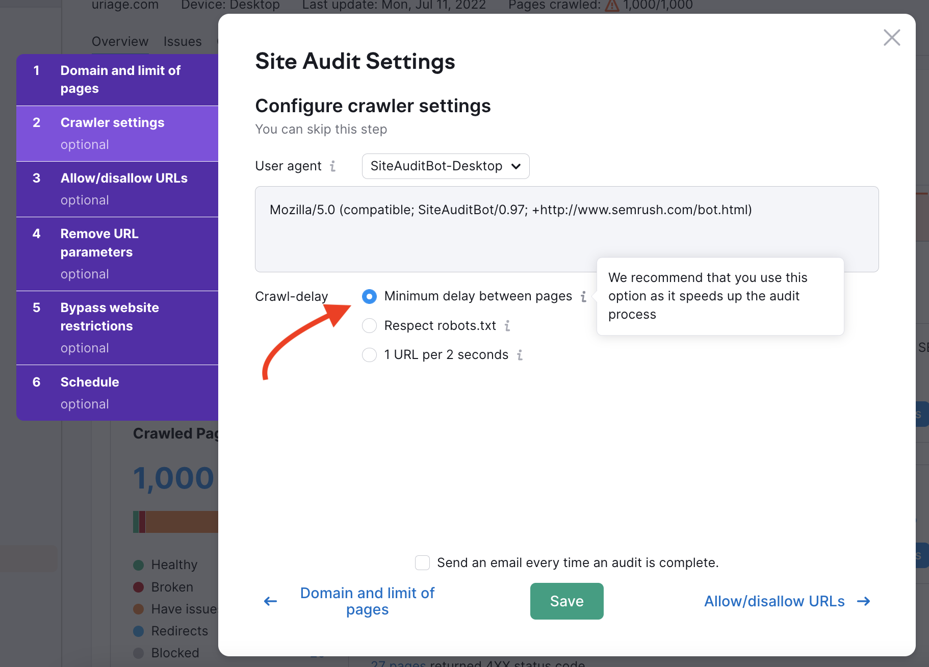 Site Audit crawler settings